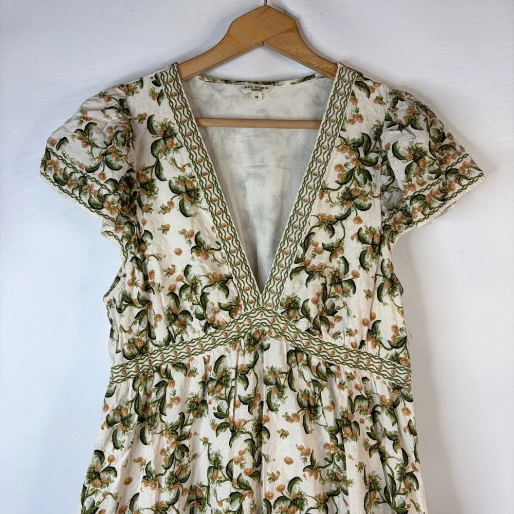 Max Studio London Maxi Dress Women XL Cream Floral V-Neck Flutter Sleeve Pockets